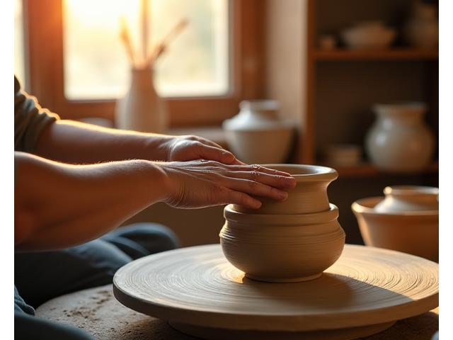 Artisan's hands shaping clay on a potter's wheel, bathed in warm, soft light, symbolizing creation and wellness.