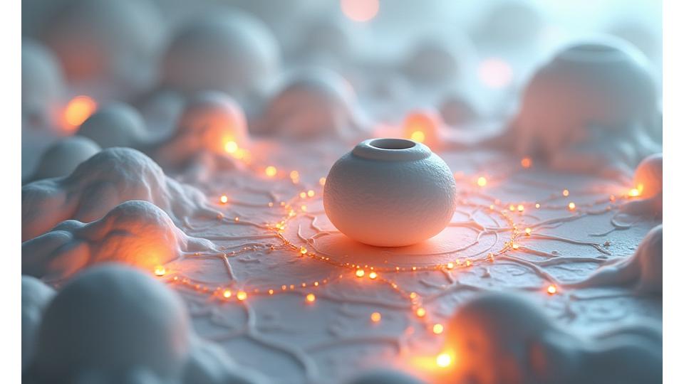 Abstract diagram showing interconnected elements of ceramic art, technology, and health science, forming a circular, flowing pattern.