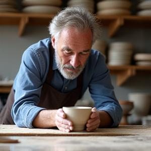 Portrait of a skilled ceramic artisan, hands lightly dusted with clay, against a studio backdrop.