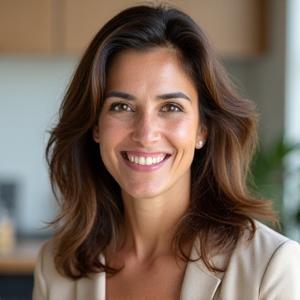 Portrait of a smiling woman in her 40s, a certified wellness coach, with a gentle, confident demeanor.