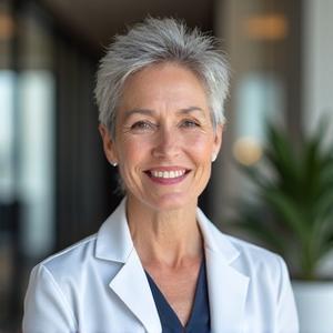 Portrait of a knowledgeable healthcare professional, distinguished and approachable.