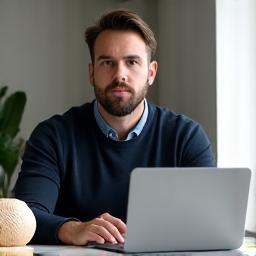 David, a tech executive, looking relaxed and focused, working on his laptop in a minimalist home office featuring a ceramic diffuser and sculpted pottery.