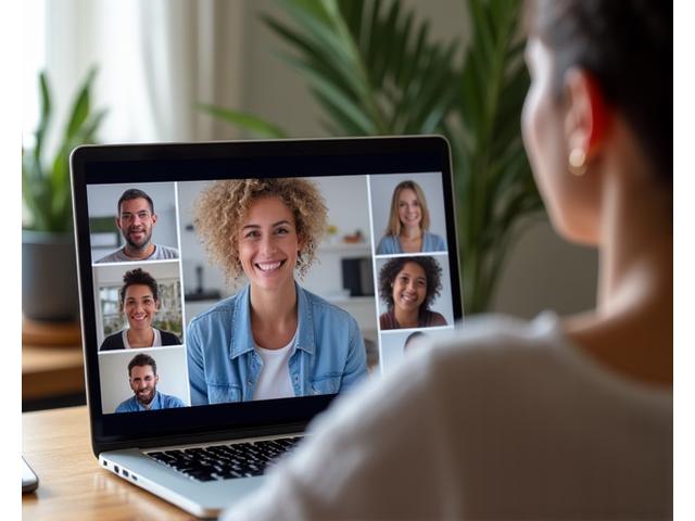 A certified wellness coach leading a Q&A session on a laptop screen, with a group of diverse adults attentively watching, in a cozy, well-lit setting.
