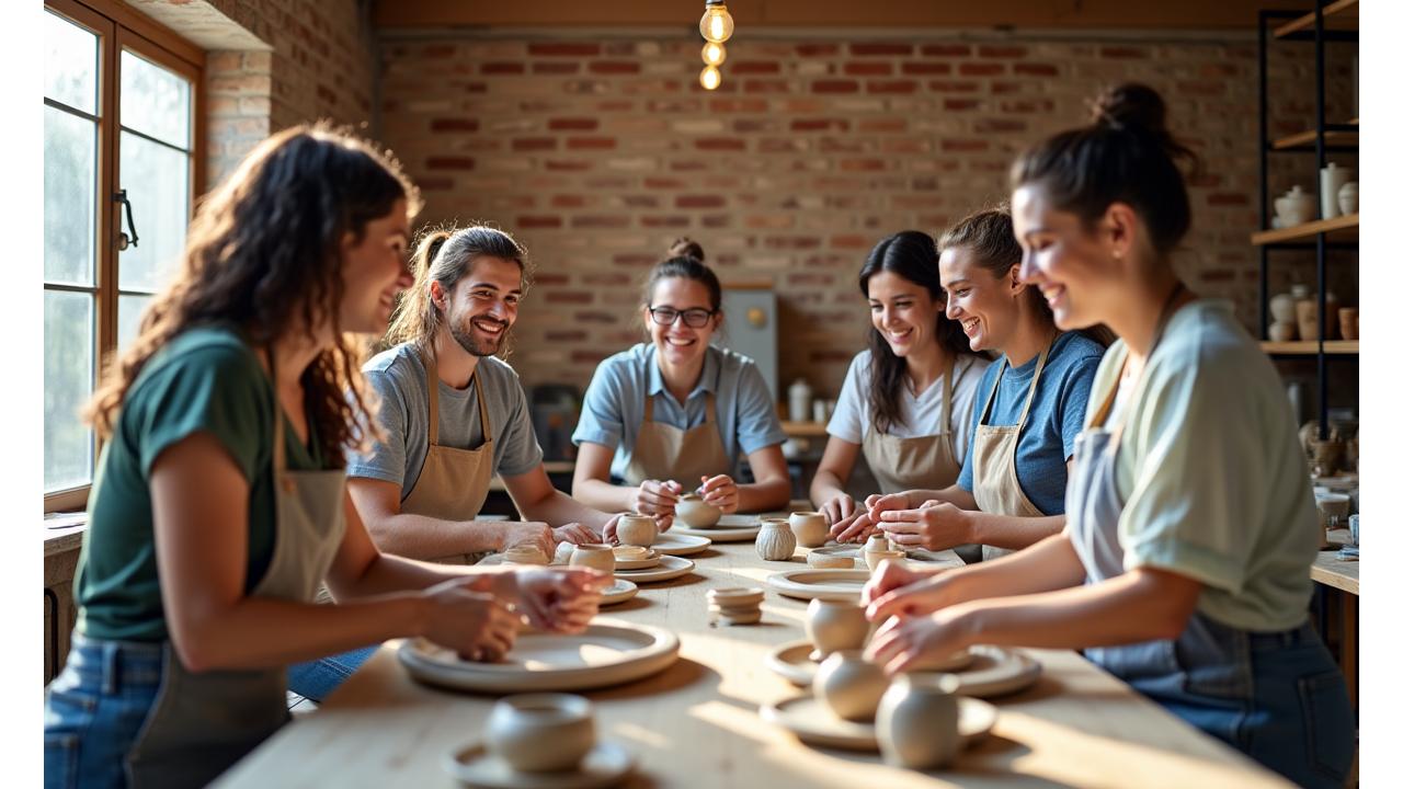 Diverse group of Austin adults engaging in a mindful ceramic workshop, smiling and sharing experiences.