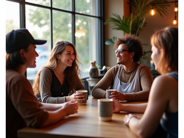 A small group of adults gathered casually at an Austin coffee shop, discussing a Fired Life community meetup, with ceramic art visible in the background.