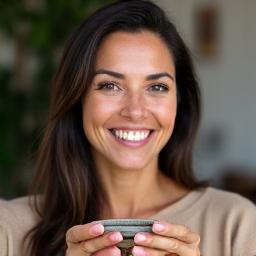 Maria smiling confidently, holding a small, hand-painted ceramic bowl, indicating her mindfulness journey.