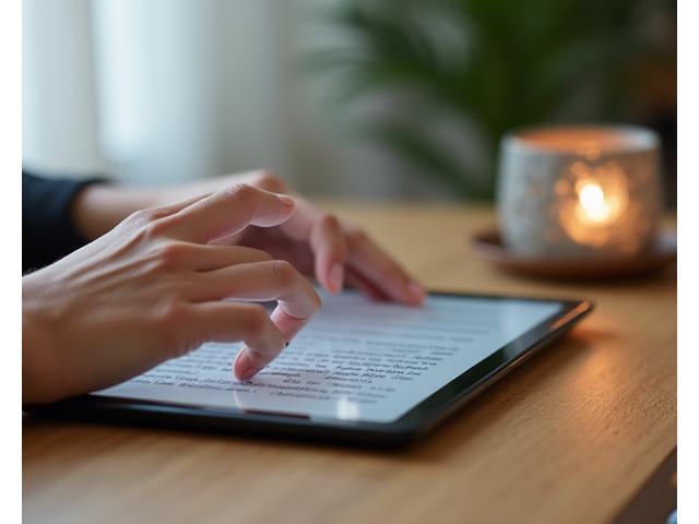 Close-up of hands typing a product review on a tablet, with a beautifully glazed ceramic mug in the background, signifying product feedback.