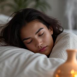 Sarah, a small business owner, peacefully asleep in a serene bedroom, with a ceramic aromatherapy diffuser gently misting in the foreground.