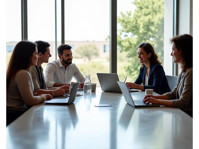 A diverse team of professionals collaborating around a polished ceramic conference table in a bright, modern office, a sense of creative synergy.