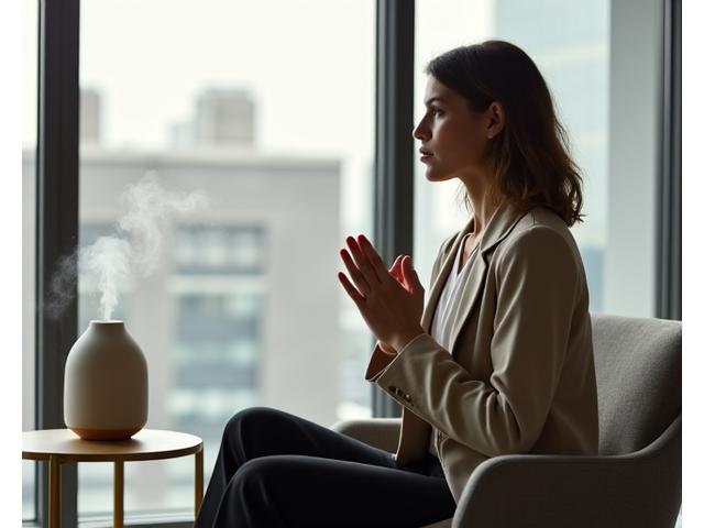 A professional woman meditating calmly in a modern, light-filled Austin office space, with a simple ceramic diffuser nearby.
