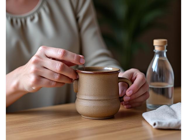 Detailed shot of hands gently examining a hand-crafted ceramic mug and a crystal glass water bottle on a natural wooden table.