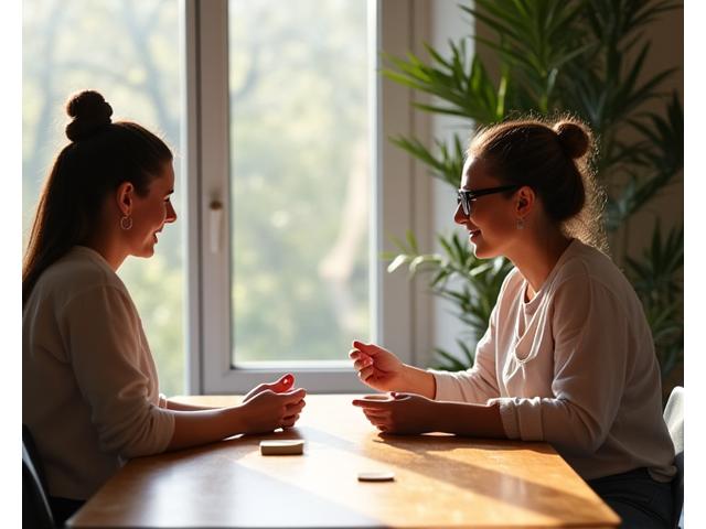 A woman thoughtfully selecting a ceramic tea set with a wellness coach, bathed in soft, natural light.