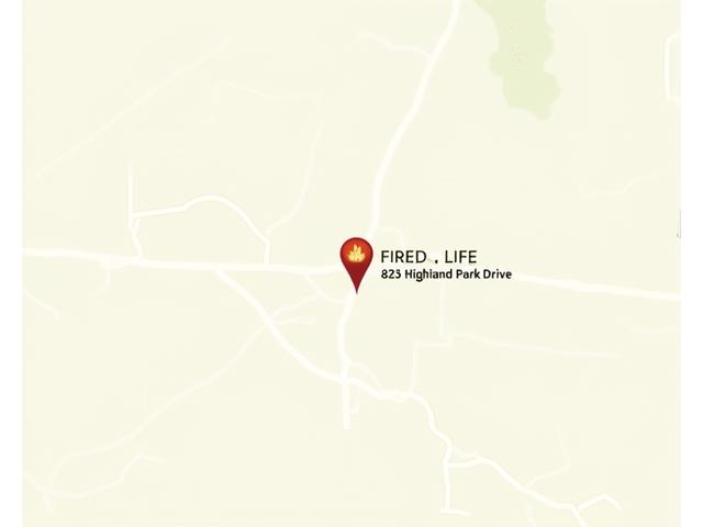 Static map of Fired Life's location at 823 Highland Park Drive, Austin, TX 78704, highlighting surrounding green spaces and accessibility.