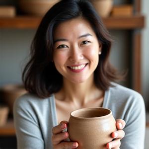 Sophia Ren, Artisan Liaison, holding a beautifully glazed ceramic piece, in an artisan studio.