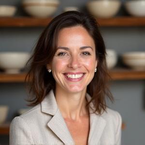 Elara Vance, Certified Wellness Coach, smiling warmly with light ceramic bowls in the background.