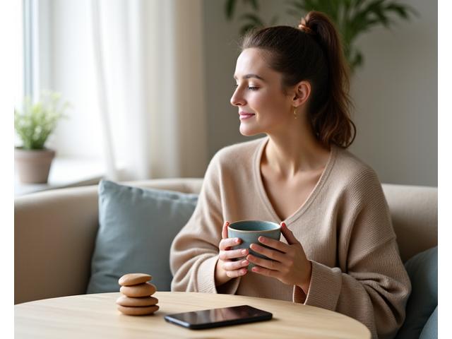 Woman meditating with ceramic tea set for digital detox