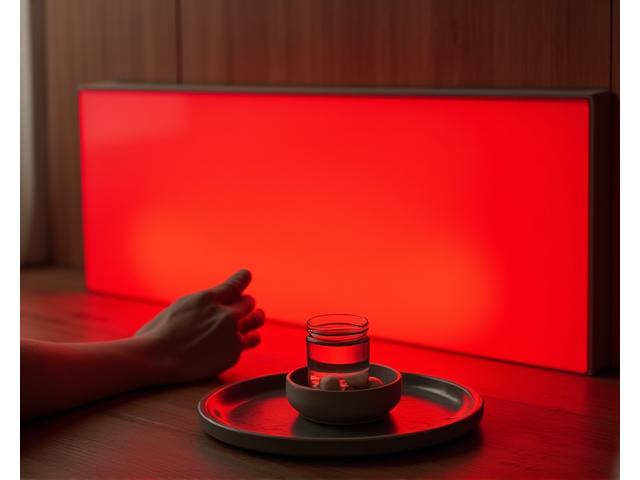 Person using red light therapy panel with ceramic candle holder nearby