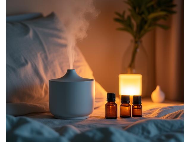 Ceramic diffuser with essential oils on a bedside table