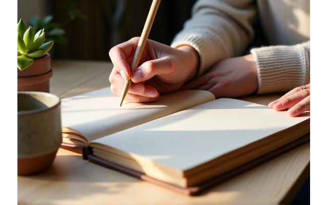 A person writing in a beautiful ceramic-bound journal next to a blooming plant and a ceramic cup of tea