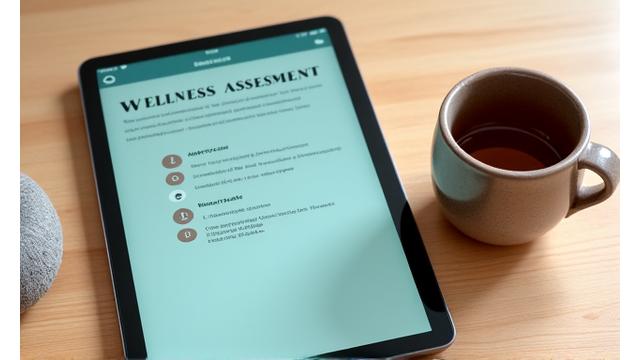 A sleek tablet displaying a wellness assessment interface, flanked by a handmade ceramic mug and a natural stone diffuser