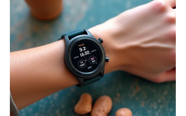 A modern smartwatch displaying health metrics against a backdrop of natural, unglazed ceramic pieces