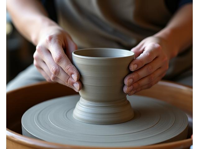 Hands working with clay on a pottery wheel, representing creative wellness products