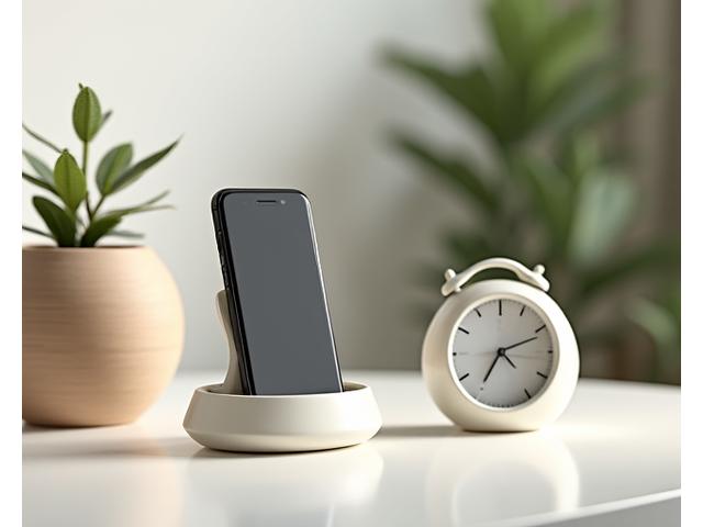 Minimalist ceramic phone holder with a winding analog timer, for digital detox