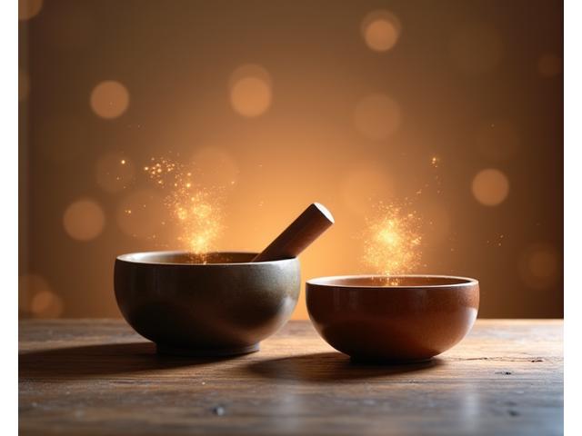 Hand-thrown ceramic meditation bowls emitting soft sound waves