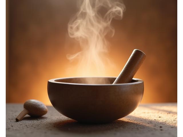 Ceramic singing bowl with delicate steam rising, symbolizing mindfulness and meditation products