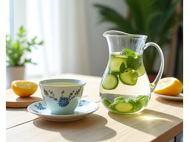 Elegant artisan ceramic tea set with a glass carafe, representing nutrition and hydration products