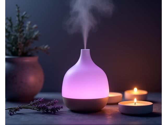 Glass diffuser emitting soft mist, surrounded by ceramic warmers, for sleep and aromatherapy
