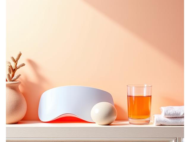 Timeline illustration of a morning wellness routine combining red light therapy and ceramic gua sha