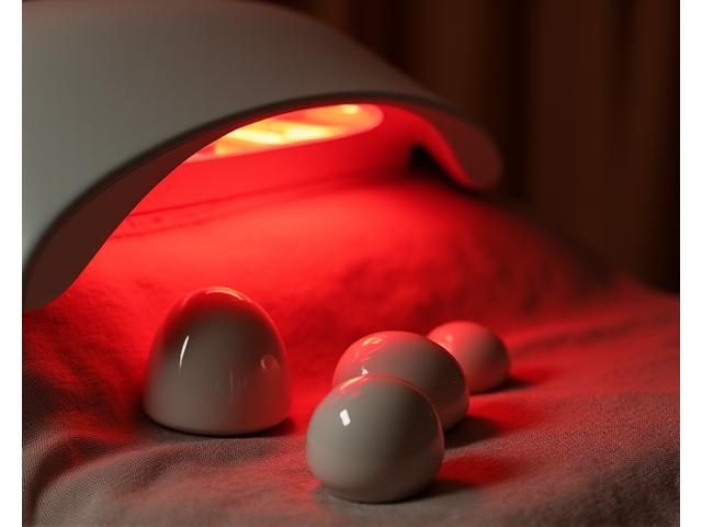 Red light therapy device illuminating a person's back, with elegant ceramic massage tools nearby