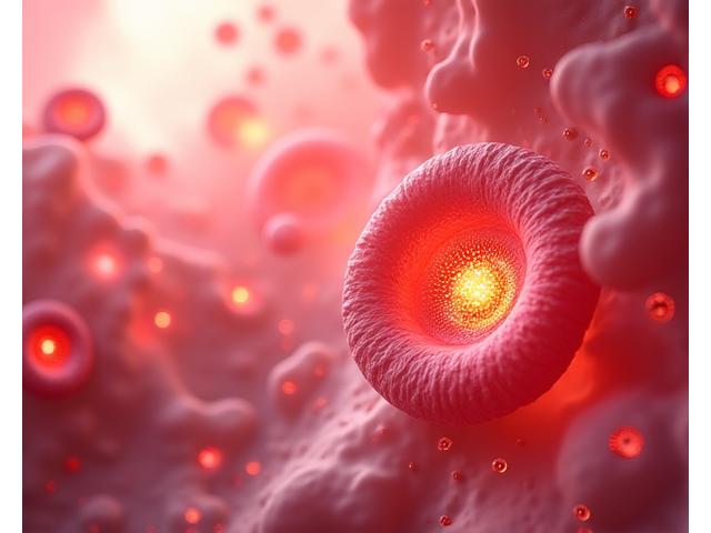 Microscopic view of healthy cells bathed in red light, depicting increased mitochondrial activity