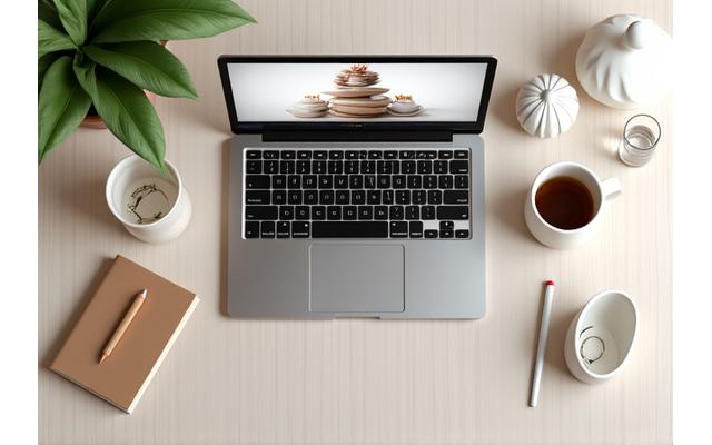 Organized desk space with a laptop displaying a wellness video, a ceramic mug, a glass water bottle, and a small, aesthetically pleasing ceramic sculpture, reflecting refined adult wellness. Soft, overhead light.