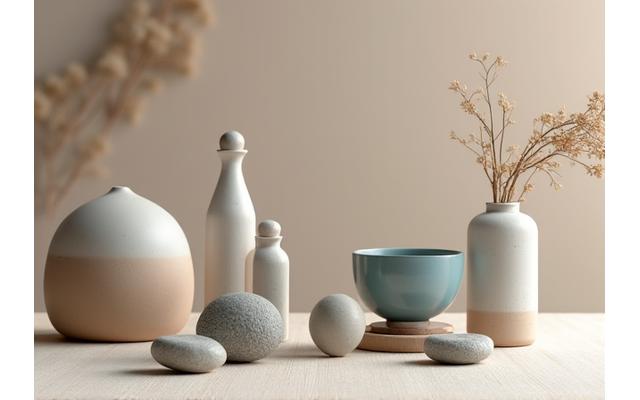 Elegant display of various handcrafted ceramic and glass wellness products – including diffusers, cups, and meditative stones – on a natural wood surface with soft, diffused lighting.