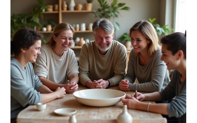 Diverse group of adults engaged in a focused, yet calm discussion around a beautifully crafted ceramic centerpiece, symbolizing unity and shared wellness goals.
