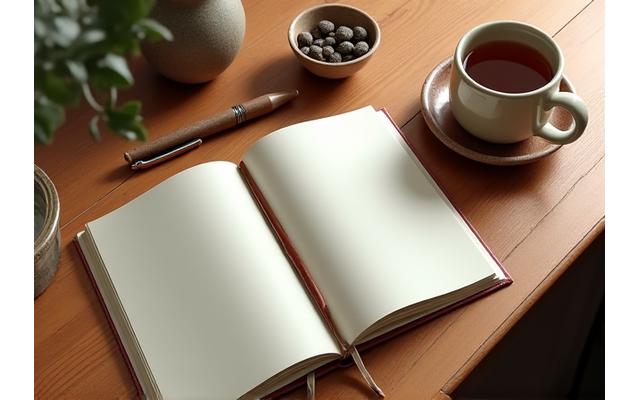 Open journal with elegant ceramic pen and a small, earthy ceramic bowl, depicting mindful writing and wellness. Warm, inviting light.