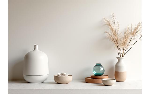 Clean, minimalist display of modern wellness tech gadgets – like a smart diffuser, a meditation device, and a sleep tracker – subtly integrated with handcrafted ceramic items in a warm, inviting setting. Soft, cinematic lighting.