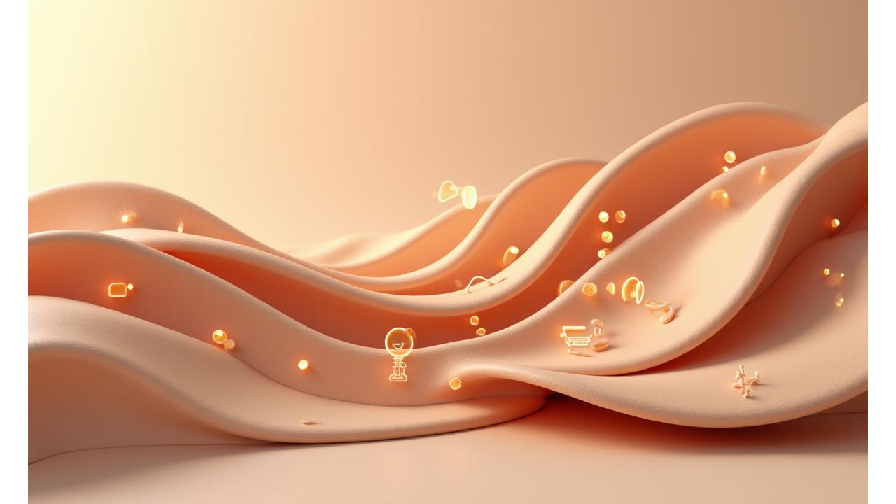 Abstract ceramic forms flowing around icons representing diverse wellness services, bathed in warm, earthy tones.