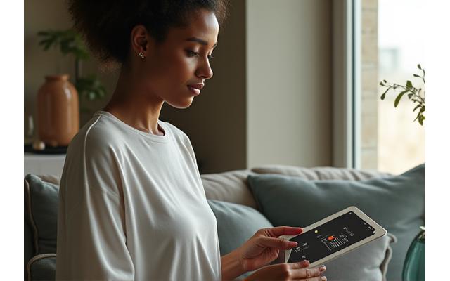 Sophisticated adult in a calm, contemporary living space, interacting with a sleek, minimalist ceramic device and a tablet showing wellness metrics. Soft, natural light.