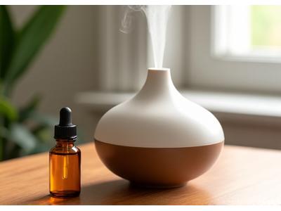 Elegant, minimalist handcrafted ceramic essential oil diffuser with a gentle plume of vapor, placed on a polished wood surface next to a delicate glass vial of essential oil.