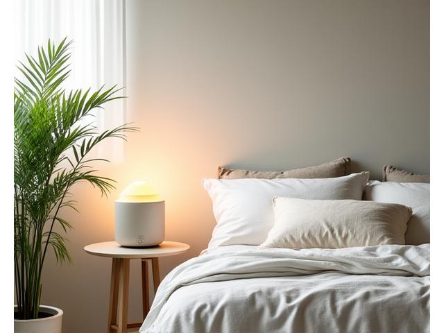 A serene, thoughtfully designed bedroom interior focusing on natural light, soft textures, and the strategic placement of Fired Life ceramic planters with green plants, a ceramic aromatherapy diffuser, and a minimalist ceramic bedside lamp, creating a calming oasis.