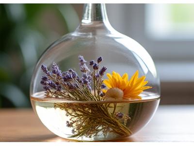 Crystal clear hand-blown glass aromatherapy vessel, holding an intricate botanical blend, positioned to catch ambient light and refract calming hues.