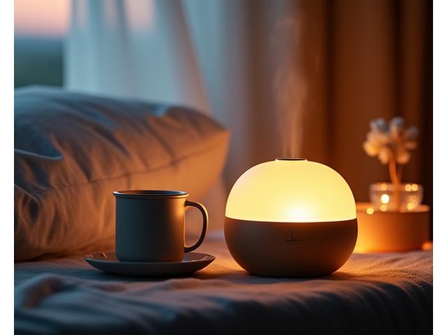 Calming scene of a Fired Life ceramic tea set and aromatherapy diffuser glowing softly at twilight on a bedside table, creating a serene bedtime ritual atmosphere.
