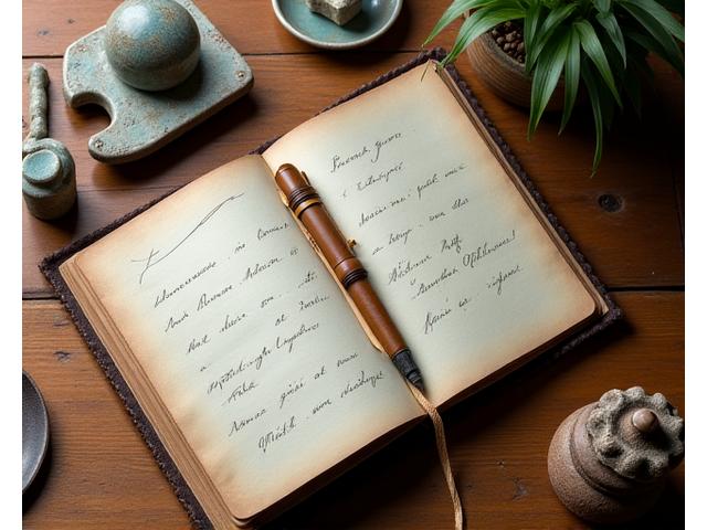 A handcrafted pottery pen resting on a journal, with a small ceramic sculpture nearby