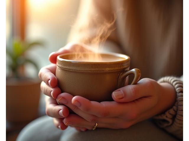 Hands holding a warm, handcrafted ceramic tea mug in a serene morning light