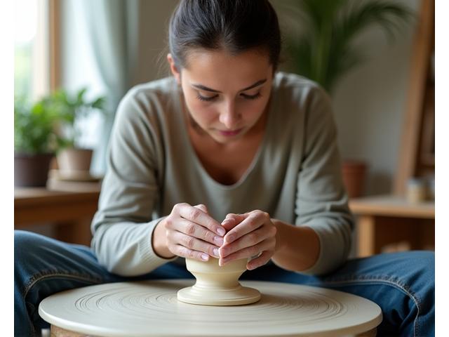 A person intently focused on centering clay on a pottery wheel, serene and calm