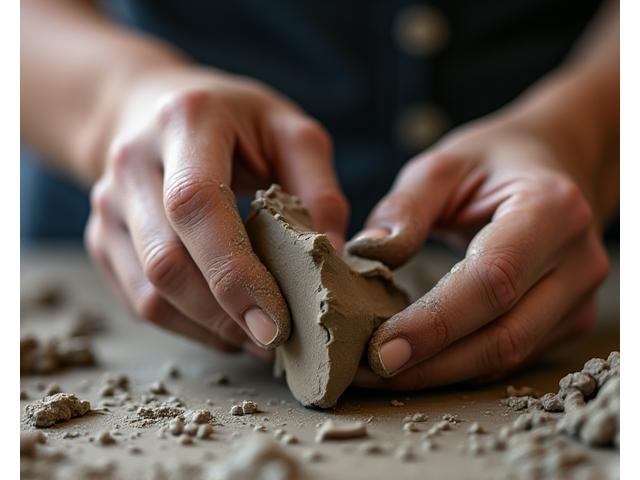 Hands immersed in sculpting raw clay, showing texture and organic form