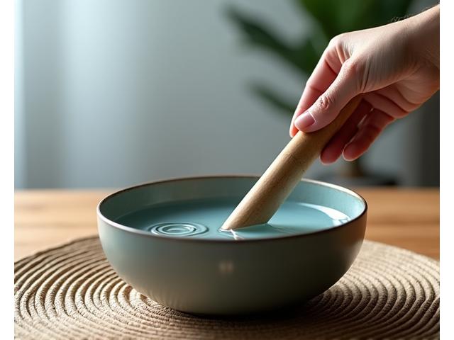 A ceramic singing bowl being gently played, creating subtle vibrations, in a peaceful setting
